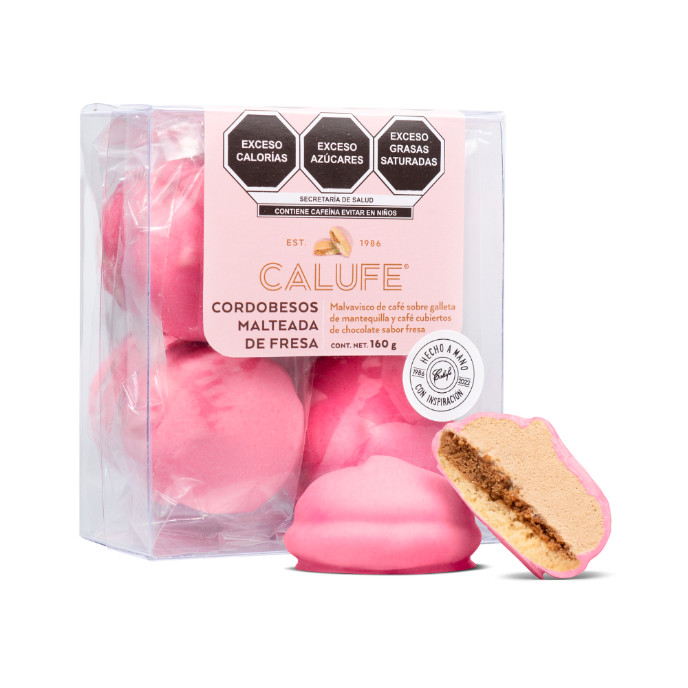Cordobesos CALUFE Malvavisco de café sobre galleta de mantequilla y café cubiertos de chocolate sabor fresa 160 g