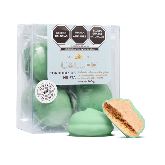 Cordobesos CALUFE Malvavisco de café sobre galleta de mantequilla y café cubiertos de chocolate sabor menta 160 g